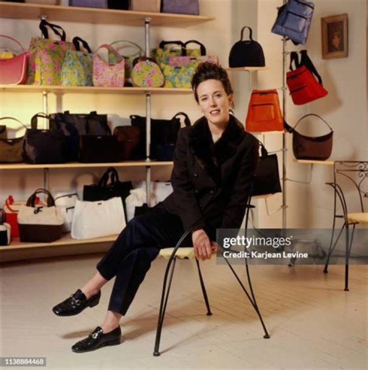 Handbag designer Kate Spade sitting on a chair with a matching pattern handbag in her showroom in New York.Kate Spade, New York